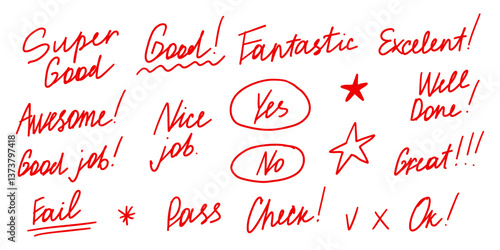 Red Phrase Compliment School Grade Mark Set. Hand Teacher Sticker Check Correction Marker. Doodle Vector Illustration