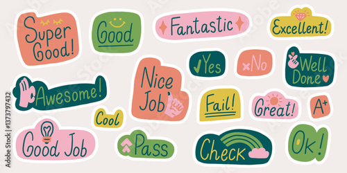 Sticker Good Job Great Icon Set. School Work Awesome Stamp. Excellent Sign Homework Quote. Doodle Vector Illustration
