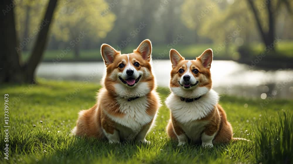 A cheerful Pembroke corgi dog and a fluffy cat are resting in a sunny spring meadow. A cheerful Pembroke corgi dog and a fluffy cat are resting in a sunny spring meadow.