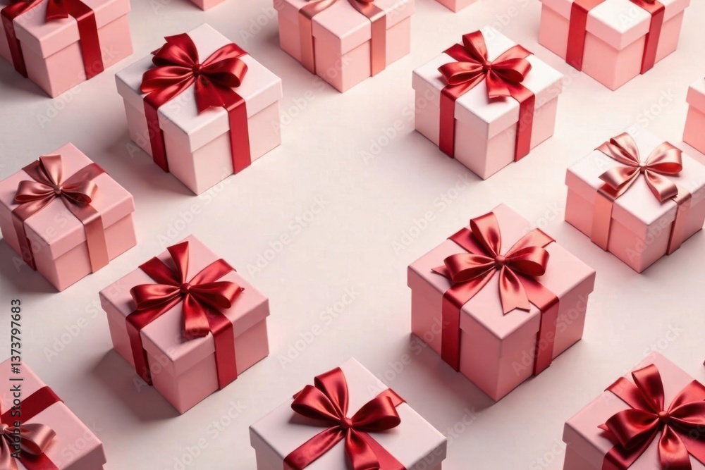 Elegant repeating gift box pattern, ribbon accents, bow, red, gift wrap Elegant repeating gift box pattern, ribbon accents, bow, red, gift wrap