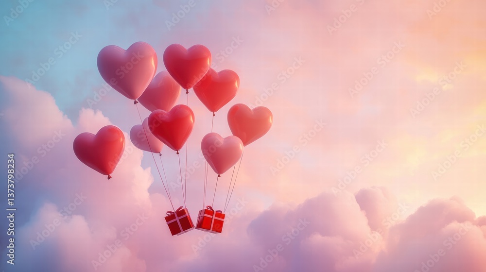 A Box flying on a parachute with pink cloud in valentine day,package flying down from sky and cloud with parachute, concept for delivery service,shopping online,air delivery service. A Box flying on a parachute with pink cloud in valentine day,package flying down from sky and cloud with parachute, concept for delivery service,shopping online,air delivery service.