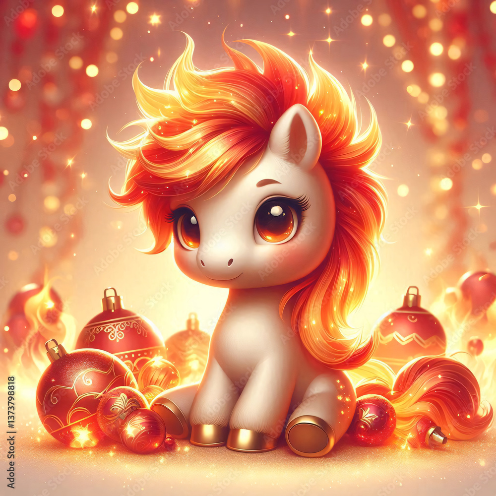 Fototapeta premium Cute and playful Fire Horse for New Year 2026 — adorable cartoon horse with glowing fiery mane, surrounded by magical sparkles, red and gold festive decorations, soft and warm lighting, 