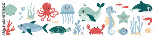 Underwater world. Cartoon underwater animal and fish characters. Marine life. Vector