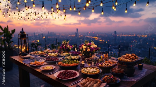 Elegant rooftop buffet with city view at sunset, romantic evening feast