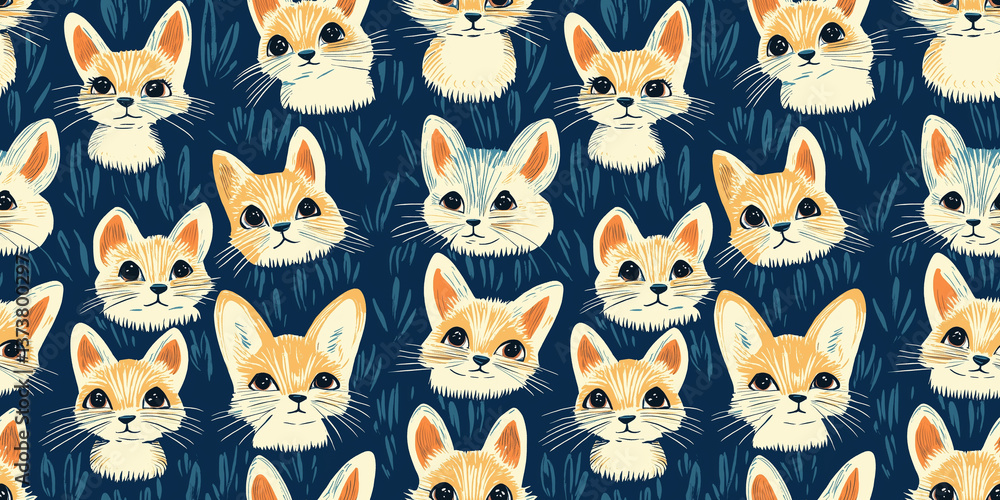 Obraz premium Cute fox faces in seamless pattern on dark blue background