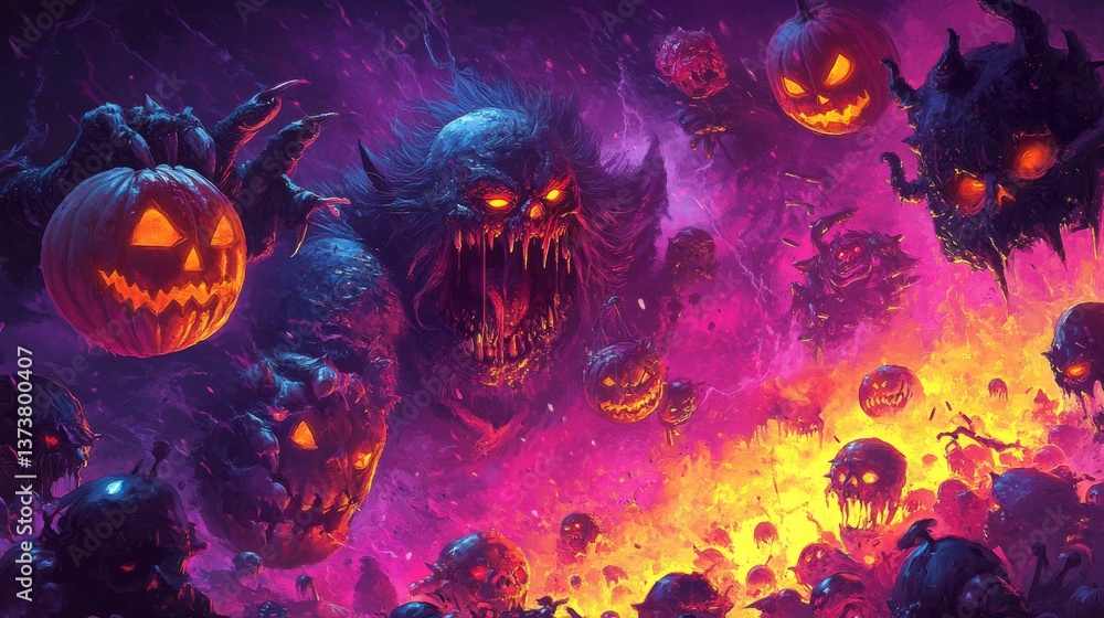 Fototapeta premium Surreal artwork depicting fiery jack-o'-lanterns with menacing faces engulfed in flames, creating a chaotic scene filled with monstrous pumpkins, dark atmosphere, and glowing embers.. AI Generation