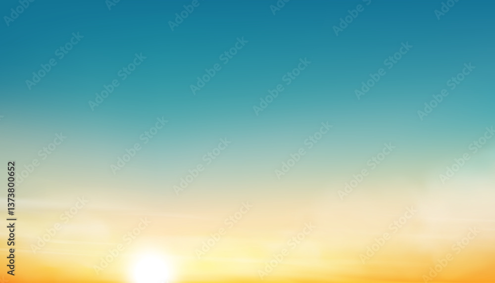 Obraz premium Sunset Sky Background,Autumn Yellow,Blue Sunrise Sky and Sun over Sea Beach,Vector Summer Nature Golden Hour in Orange Sky before Sundown in Spring,Horizontal Cartoon Winter Landscape with sunlight