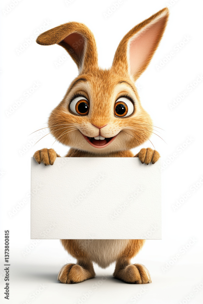 Obraz premium A cartoon Easter bunny with a mischievous grin, A cheerful cartoon rabbit holds a blank sign, perfect for a fun and playful illustration in various projects.