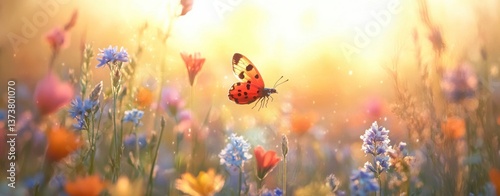 Wallpaper Mural Colorful Butterfly Flying Above Blooming Wildflowers in Spring Meadow Torontodigital.ca