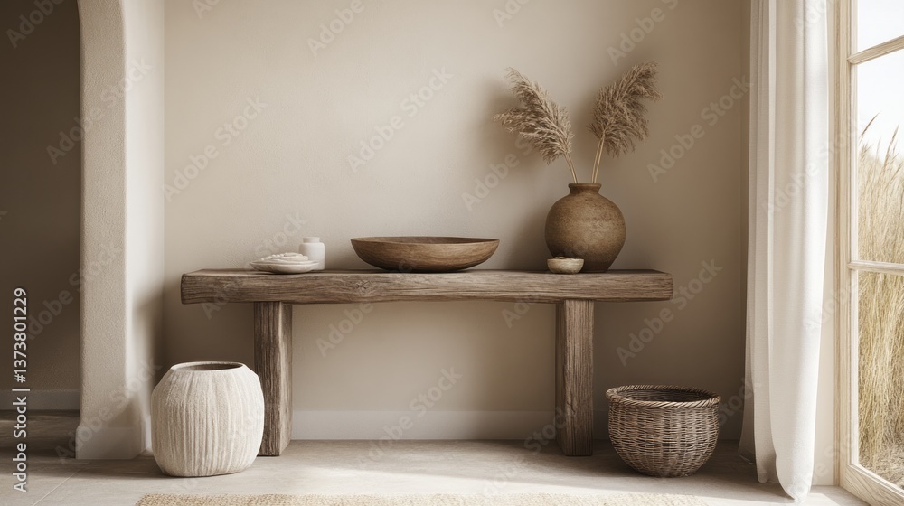 A rustic console table with natural elements adorns a beige space A rustic console table with natural elements adorns a beige space
