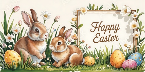 Elegant Easter Greeting Card with Adorable Brown Bunnies Sitting Among Lush Greenery and Golden Speckled Eggs Featuring a Blank Frame for Custom Text and Happy Easter Message in a Soft Pastel Theme