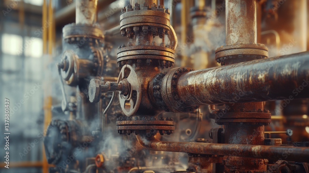 A close-up of aged and rusted industrial machinery with visible pipes and valves, emitting steam. The intricate mechanical details and worn metal convey an atmosphere of heavy industry and vintage A close-up of aged and rusted industrial machinery with visible pipes and valves, emitting steam. The intricate mechanical details and worn metal convey an atmosphere of heavy industry and vintage