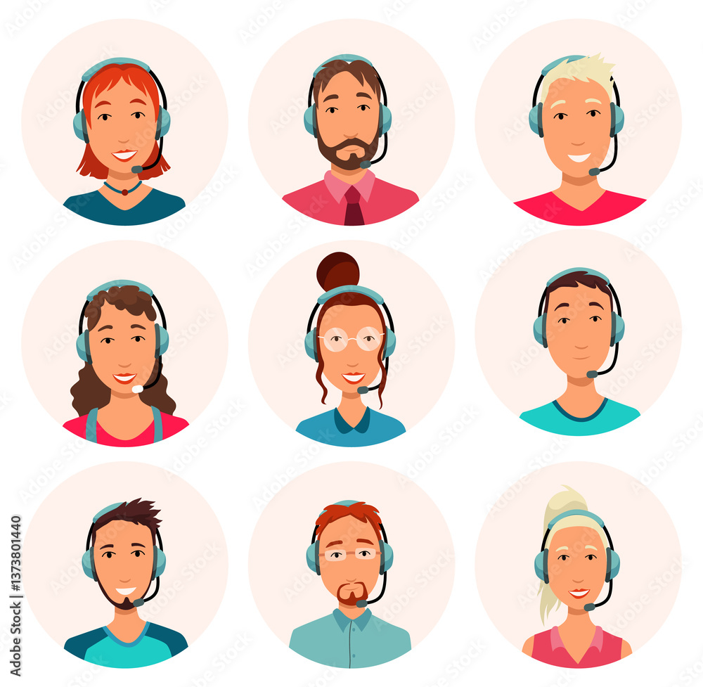 Call center operator avatars with headphones. Online support service assistant. Male and female customer help managers. illustration of characters Call center operator avatars with headphones. Online support service assistant. Male and female customer help managers. illustration of characters