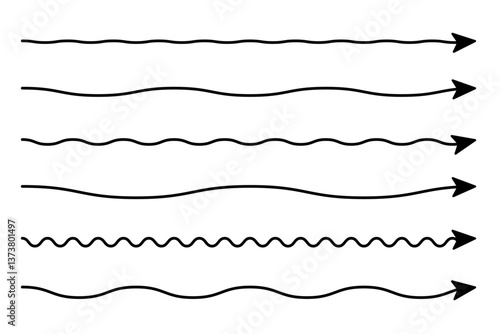 Set of long wavy, zigzag line vector arrows