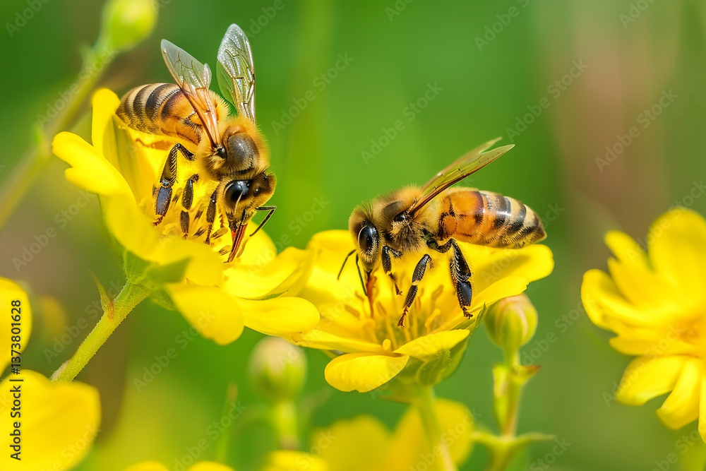 Macro Shot of a Honeybee Pollinating a Bright Yellow Flower Macro Shot of a Honeybee Pollinating a Bright Yellow Flower