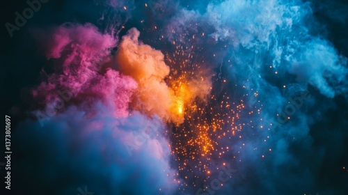 A mesmerizing display of vivid colored smoke with glowing sparks dispersing through a dark background, creating a dynamic and abstract visual perfect for artistic or futuristic themes.. AI Generation