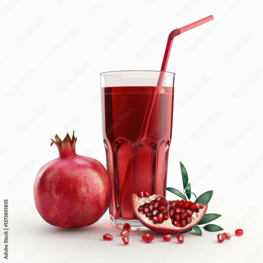 Delight in a refreshing glass of pomegranate juice surrounded by fresh fruit on a bright sunny day Delight in a refreshing glass of pomegranate juice surrounded by fresh fruit on a bright sunny day