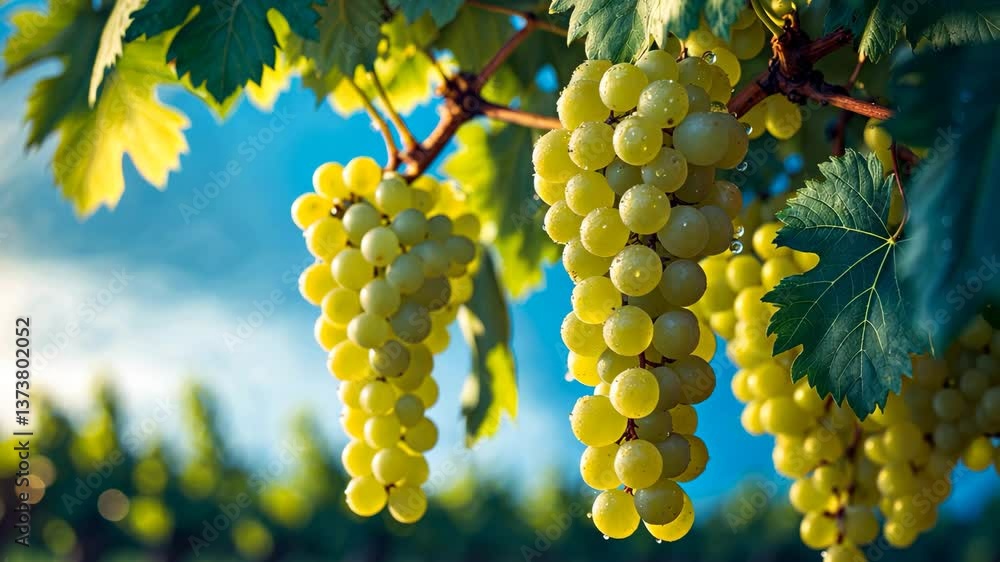 Grape vine and grape leaves set against a blue sky.