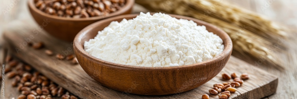 Mound Of Flour, Grains In A Bowl, And Ears Of Grain On A Cutting Board On A Wooden Table Mound Of Flour, Grains In A Bowl, And Ears Of Grain On A Cutting Board On A Wooden Table