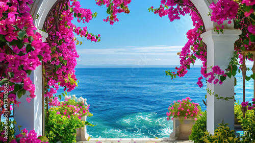 Fototapeta Naklejka Na Ścianę i Meble -  Arch in a white wall covered with Pink Bougainvillea. Blue sea in the background