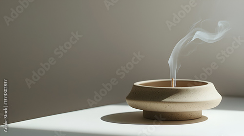 Aromatic incense stick burning in a tan ceramic holder, smoke rising, creating a calming and peaceful ambiance.