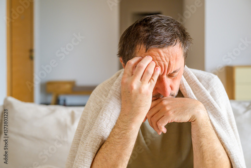 Photography Man with hangover symptoms after being drunk last night, alcoholism and addictio