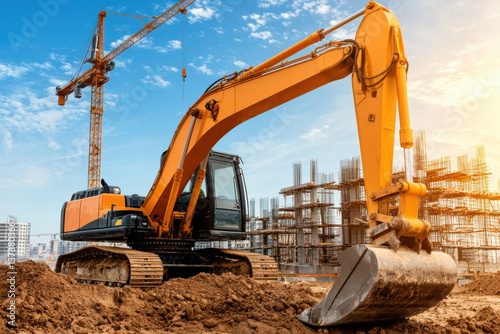 Wallpaper Mural A powerful excavator working on a construction site, surrounded by cranes and building structures under a clear blue sky. Torontodigital.ca