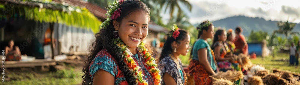 Smiling Woman in Traditional Dress Surrounded by Local Women Smiling Woman in Traditional Dress Surrounded by Local Women