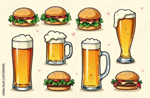 Vector illustration of food and beer icons. Menus design, social media.