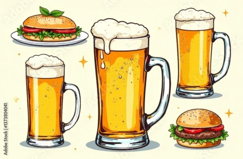 Vector illustration of food and beer icons. Menus design, social media.