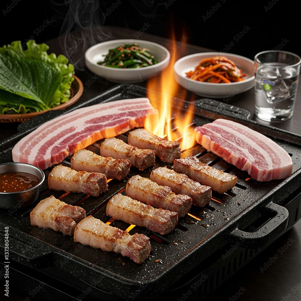 Sizzling pork belly slices grilling over an open flame at a Korean BBQ, served with fresh lettuce, dipping sauce, and side dishes.
Sizzling pork belly slices grilling over an open flame at a Korean BBQ, served with fresh lettuce, dipping sauce, and side dishes.