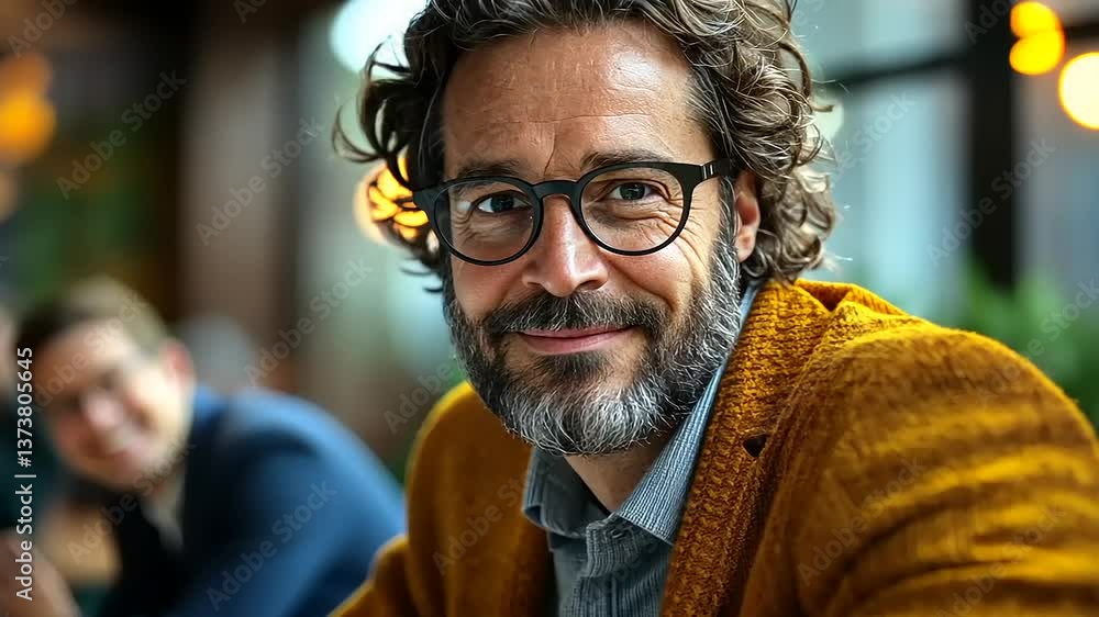 Professional man smiling in a modern caf? setting Professional man smiling in a modern caf? setting