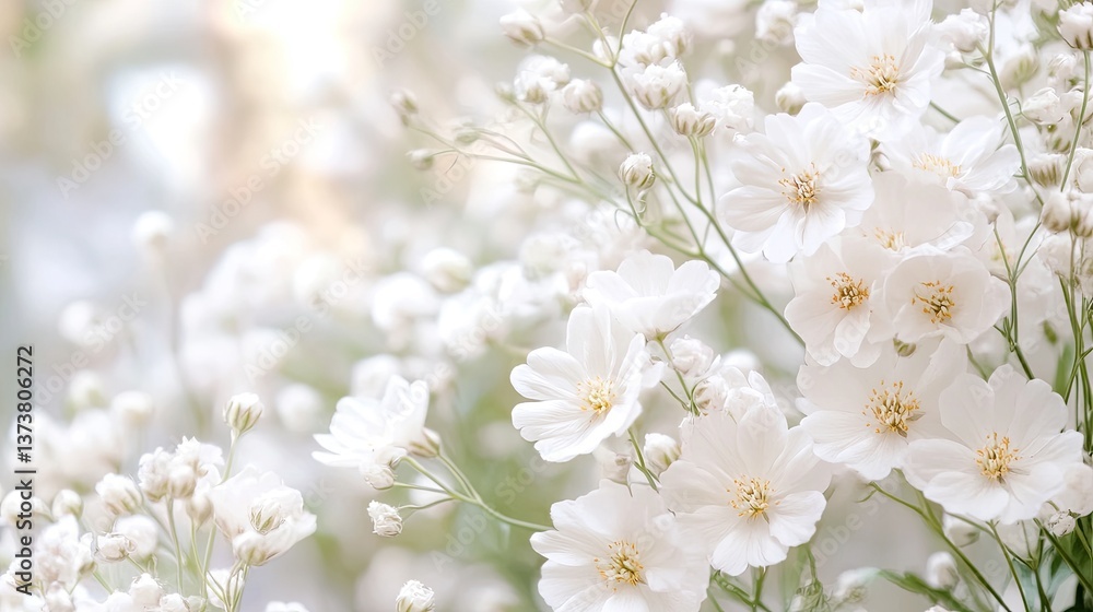 Fototapeta premium Delicate White Flowers Blooming in Soft Natural Background Light