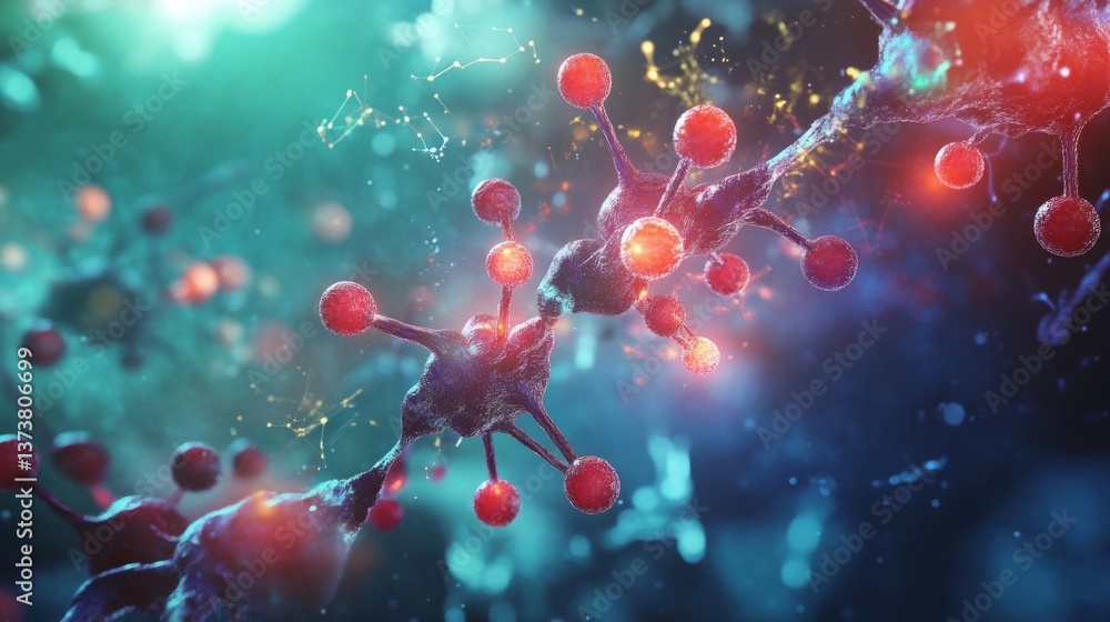 Obraz premium A futuristic scene illustrating molecular bonds glowing in a dark, vibrant space, representing the forefront of biotechnology, digital science, and molecular research. Great for advanced science and