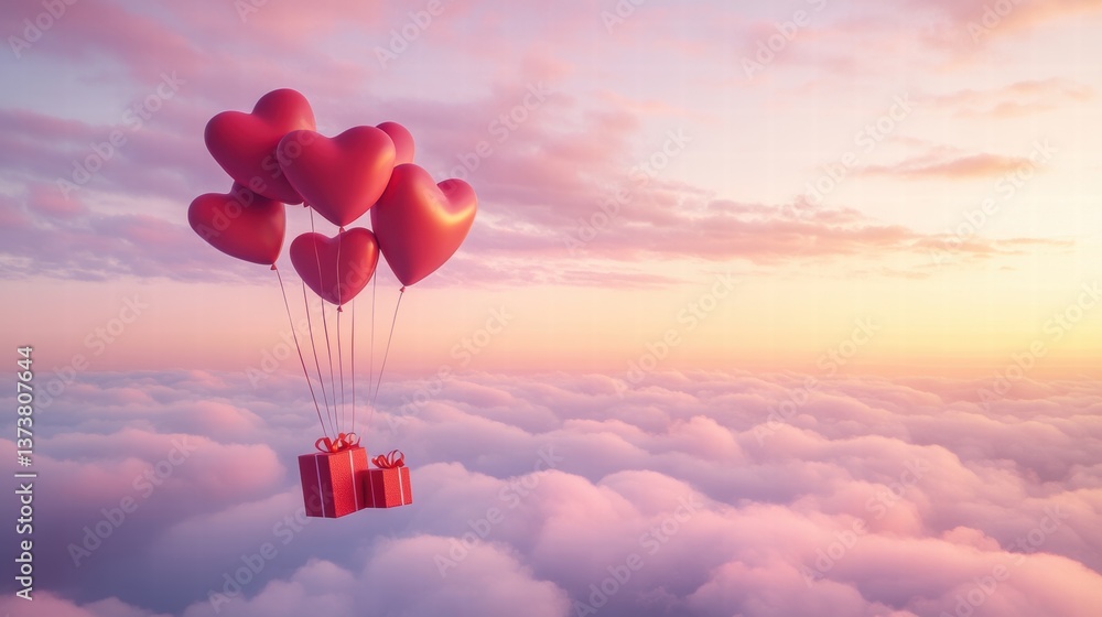 Fototapeta premium A Box flying on a parachute with pink cloud in valentine day,package flying down from sky and cloud with parachute, concept for delivery service,shopping online,air delivery service.