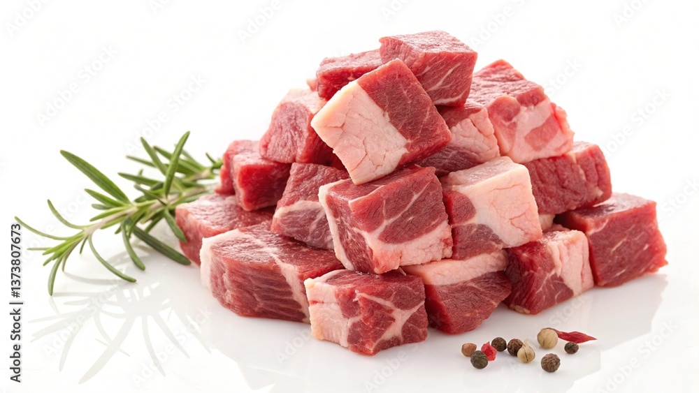 A pile of raw meat cubes with spices, showcasing fresh ingredients for cooking.
A pile of raw meat cubes with spices, showcasing fresh ingredients for cooking.