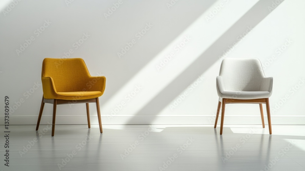 Minimalistic scene featuring yellow and white chairs casting sha Minimalistic scene featuring yellow and white chairs casting sha