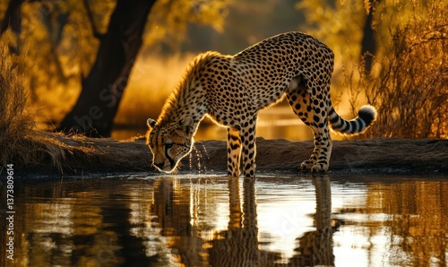Cheetah drinking water by a serene lake habitat