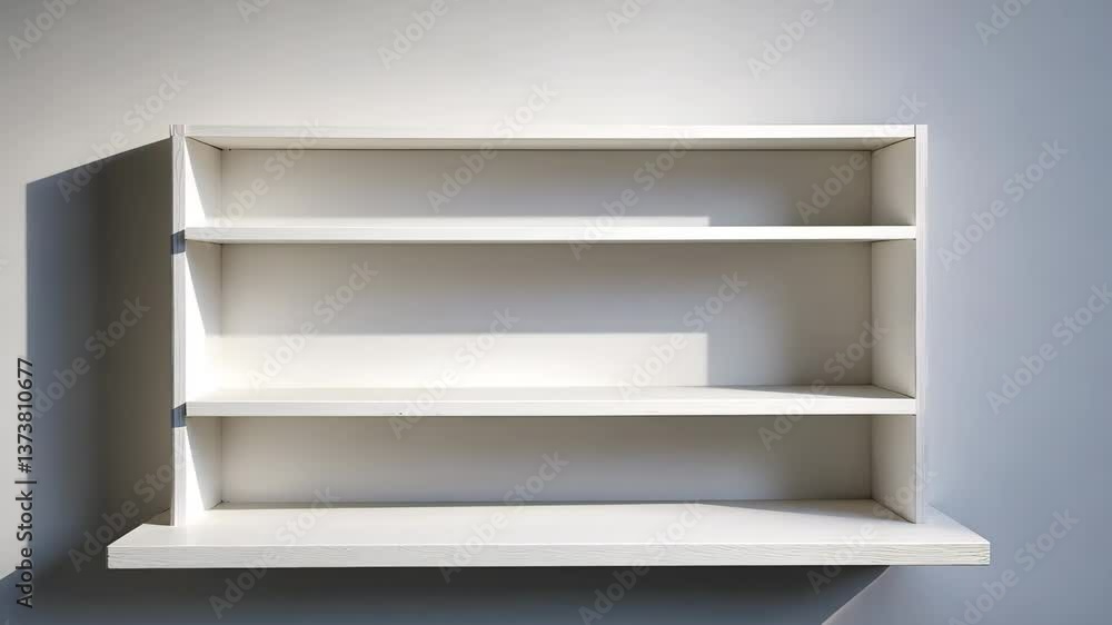 Empty white wooden shelf on the wall featuring space for text. Empty white wooden shelf on the wall featuring space for text.