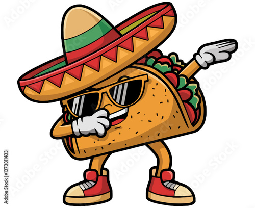 Funny cartoon taco with sombrero is dabbing