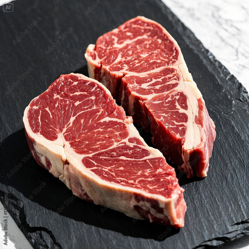 Fresh Raw Ribeye Steak on Slate with Marbling Fresh Raw Ribeye Steak on Slate with Marbling