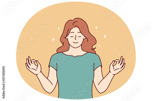 Serene woman meditating making mudra gesture and practicing yoga to bring thoughts in order. Serene girl stands depicting meditative mudra with hands to purify thoughts and emotions.