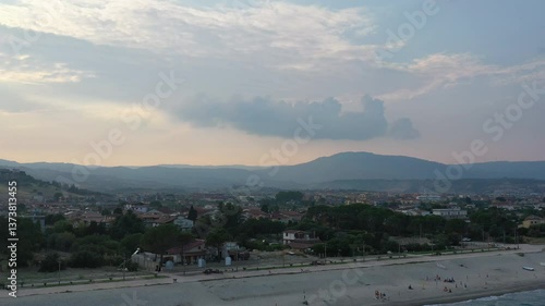 along the sea of Soverato in Calabria with tourists on the beach , Calabria, Italy