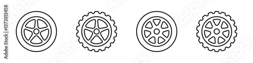 Black rubber wheel tire icons set. Automobile wheels silhouette collection. Vector illustration.