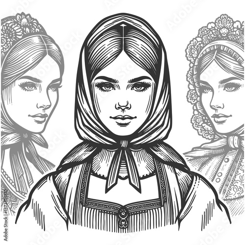 Russian women in traditional folk attire, featuring ornate headscarves, floral details, and embroidered garments sketch engraving generative ai raster illustration. Scratch board. Black and white.
