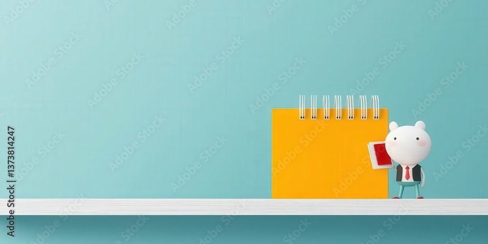 Productivity Tools automation minimalist concept. Cute cartoon character with a notebook on a shelf against a pastel background. Productivity Tools automation minimalist concept. Cute cartoon character with a notebook on a shelf against a pastel background.