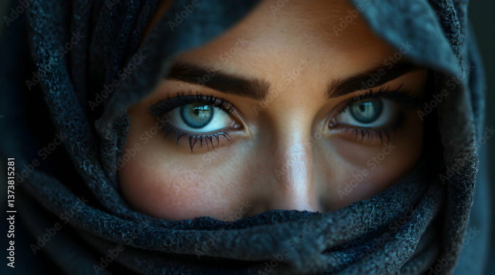 Woman with Piercing Blue Eyes Covered in a Dark Gray Hijab Woman with Piercing Blue Eyes Covered in a Dark Gray Hijab