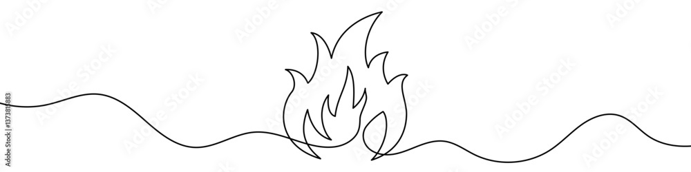 One continuous line illustration of a fire, isolated on white background. Line art of flame. Editable stroke