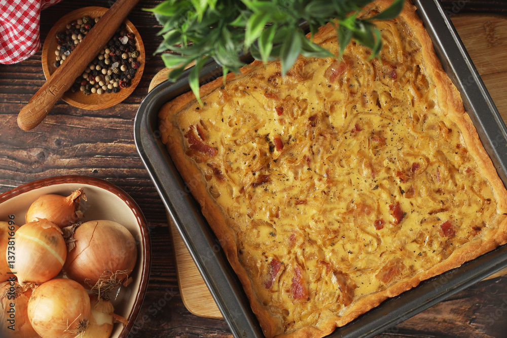Zwiebelkuchen, a pie with onion and bacon, traditional German dish