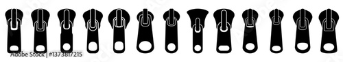 Zipper slide icon. Set of black zipper icons. Symbols of zipper. Editable stroke. Vector illustration.